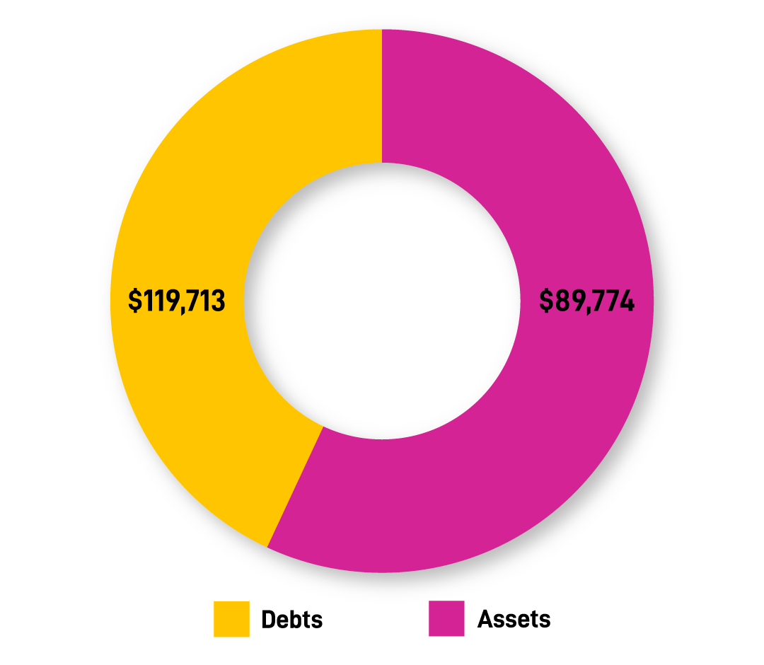 A donut chart containing different values as pertaining to the article: Debts - $119,713 Assets - $89,774