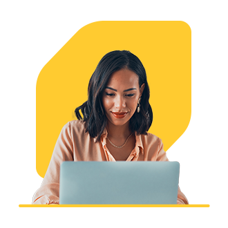 Woman working on laptop with EQ Bank logo in background