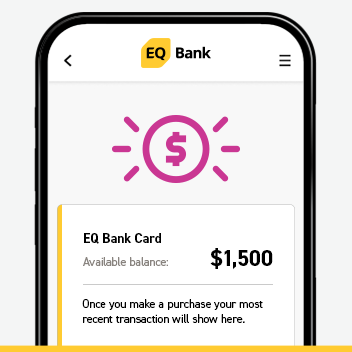 Half of phone with screen EQ Bank showing available balance amount