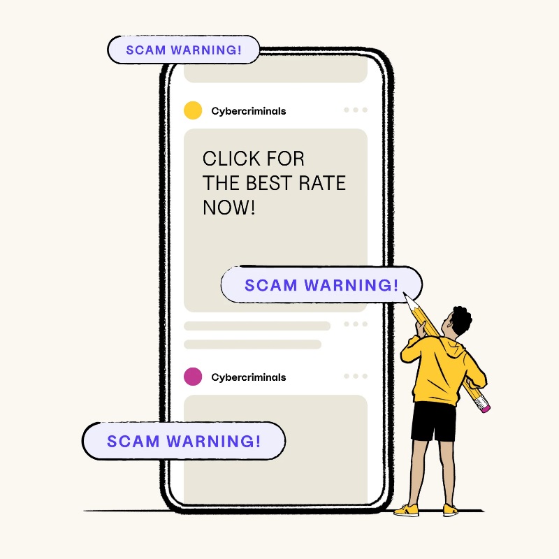 Illustration of phone screen with a simplified graphic of an ad that displays the following text: SCAM WARNING! CLICK FOR THE BEST RATE NOW!