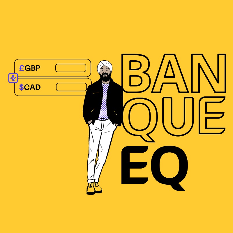 Un homme appuyé contre un graphique de lettres majuscules épelant « Banque EQ », à côté de symboles de différentes devises.