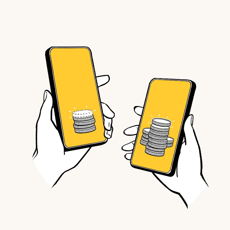 Image de mains tenant des téléphones cellulaires dont les écrans affichent des dessins de piles de pièces de monnaie.