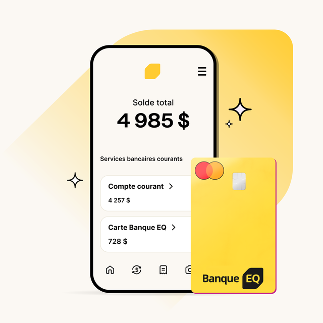 Phone set atop lozenge with screen showing EQ Bank logo, “Total balance $4,985”,  and “Personal Account $4,257”